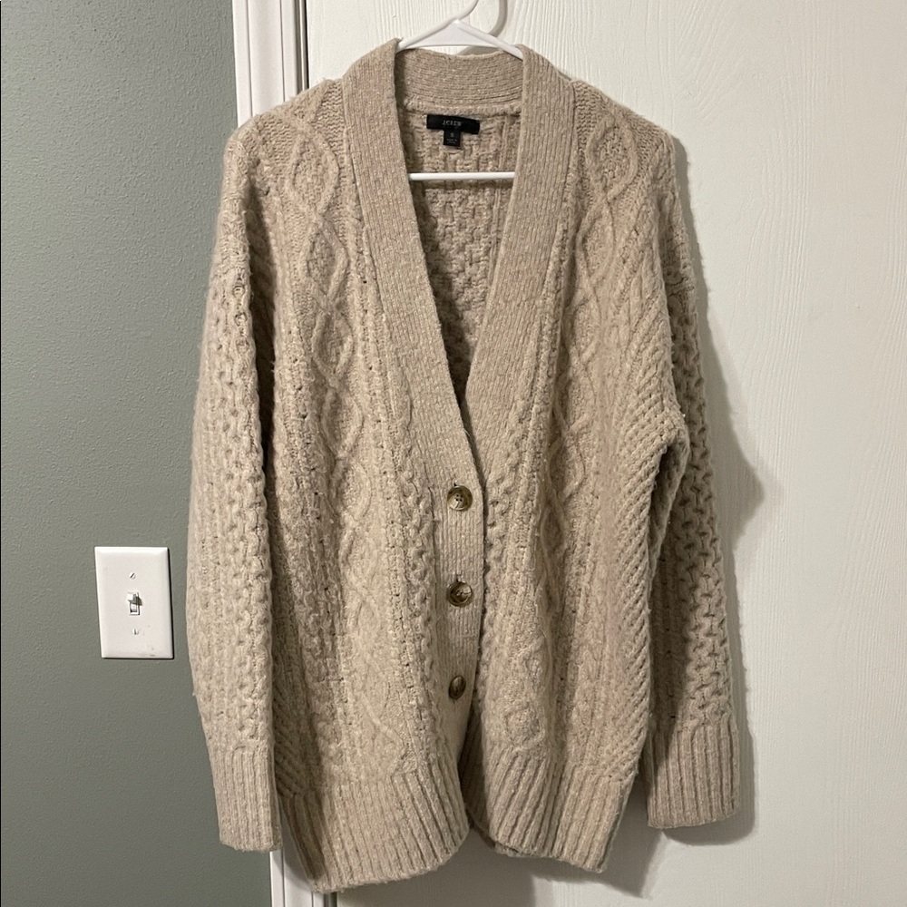 J. Crew Taupe Oversized Merino Wool Blend Cable Knit Cardigan Size Small